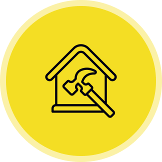 Full-Home Remodeling & Custom Woodwork House with hammer icon on yellow background.