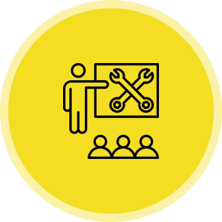 Skilled Craftsmanship for Lasting Results Training session icon with tools and people.