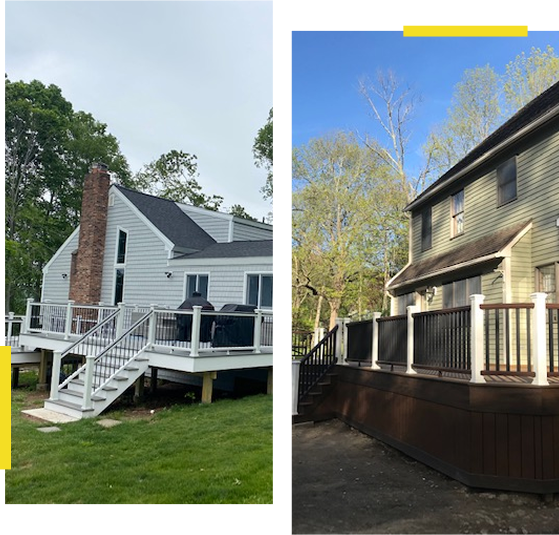 img Two houses with elevated wooden decks.